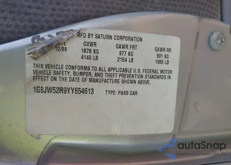 2000 Saturn Ls2 z USA, uszkodzony, nr VIN 1G8JW52R9YY654613